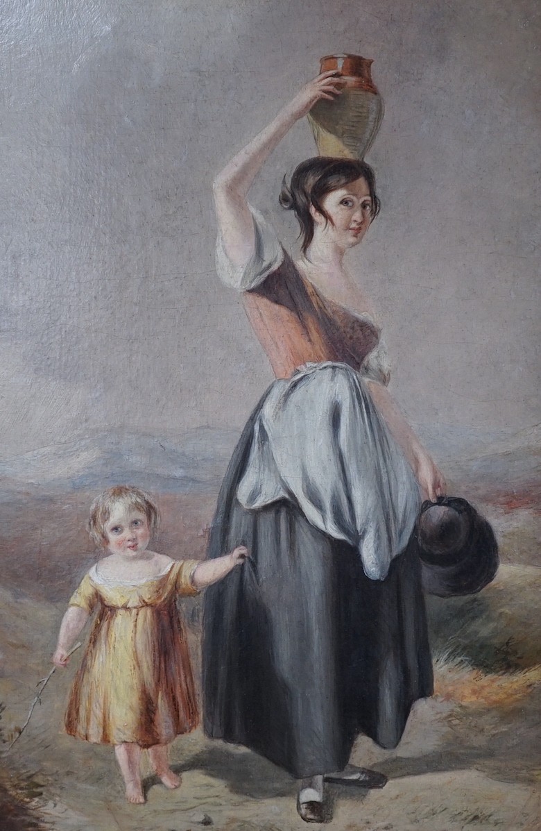 Attributed to John Rhodes (b.1809), oil on mill board, Mother and child on a country lane, 34 x 23cm